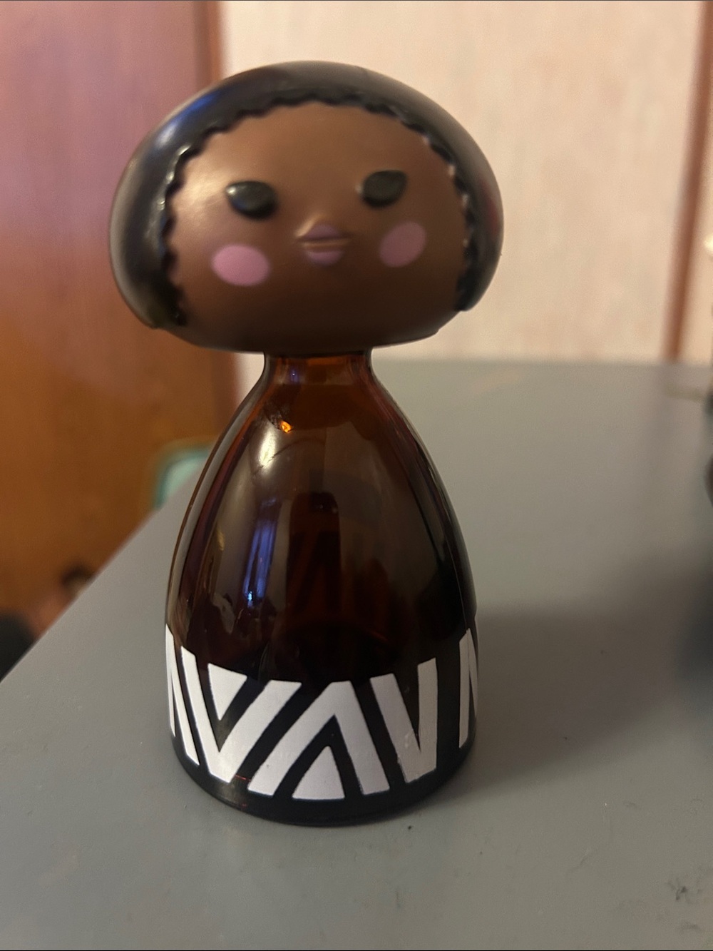 vintageAvon Brown Glass Doll Vase with Black & White Geometric Base